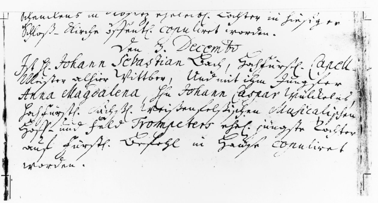 Registro do casamento de Bach para Anna Magdalena Wickeln na Reitoria de Jacobskirche, Koethen, 3 de dezembro de 1721 (caneta e tinta sobre papel) de German School