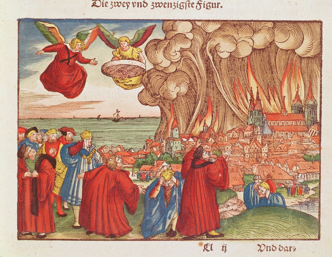 Apocalipse 18: Babilônia em chamas, 1a edição, da Bíblia de Lutero, c.1530 (xilogravura colorida) de German School