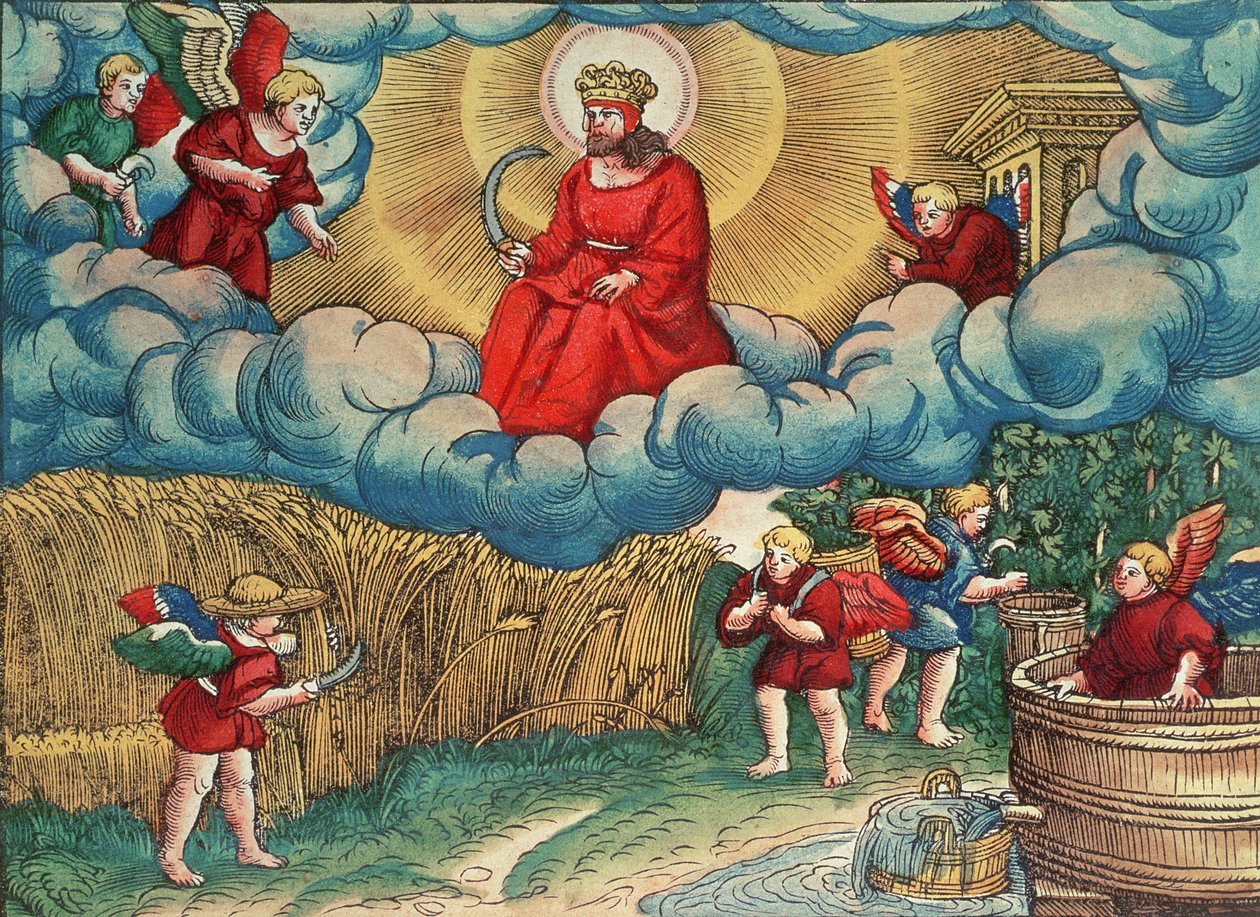 Apocalipse 14:14 O Ceifeiro, Visão do Armagedom, da Bíblia de Lutero, c.1530 (xilogravura colorida) de German School