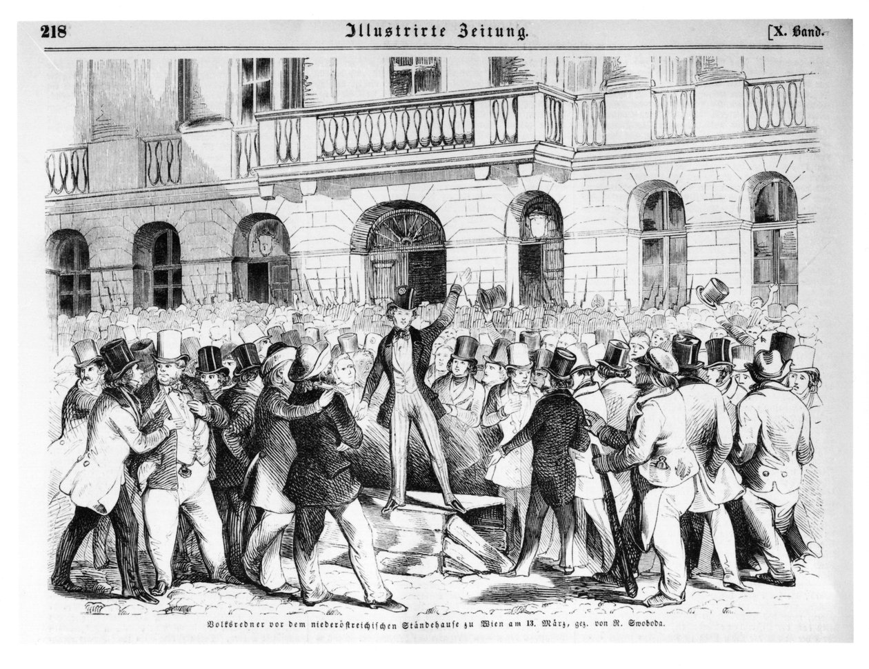 Revolta em Viena, em 30 de março de 1848, ilustração do &39;Illustrierte Zeitung&39; de German School
