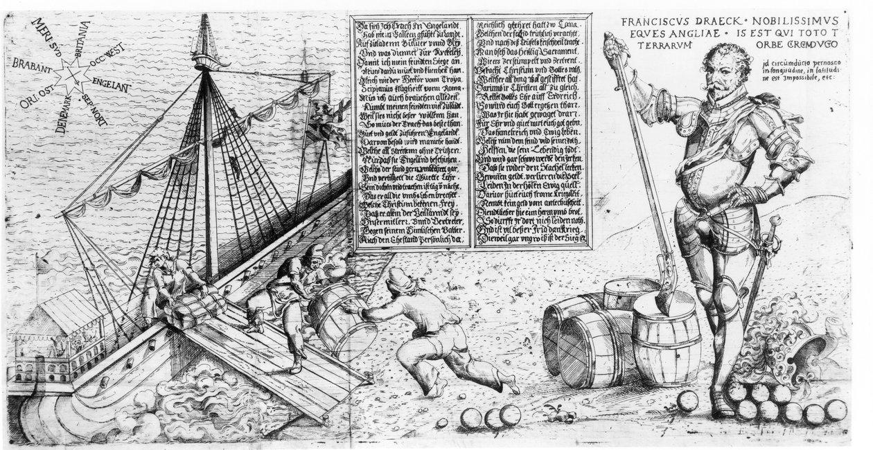 Sir Francis Drake (c.1540-96) assiste ao carregamento de seu navio de German School