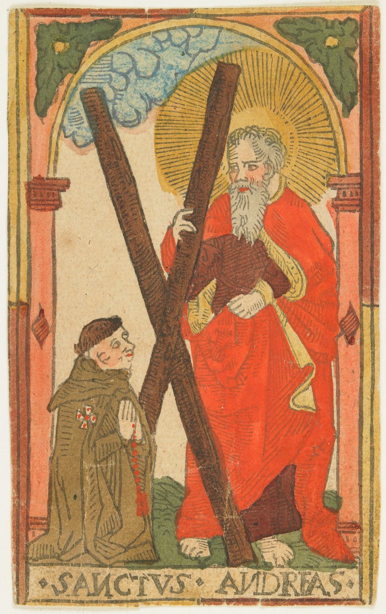 Santo André com um monge (Elsass), c.1500 (xilogravura colorida à mão) de German School