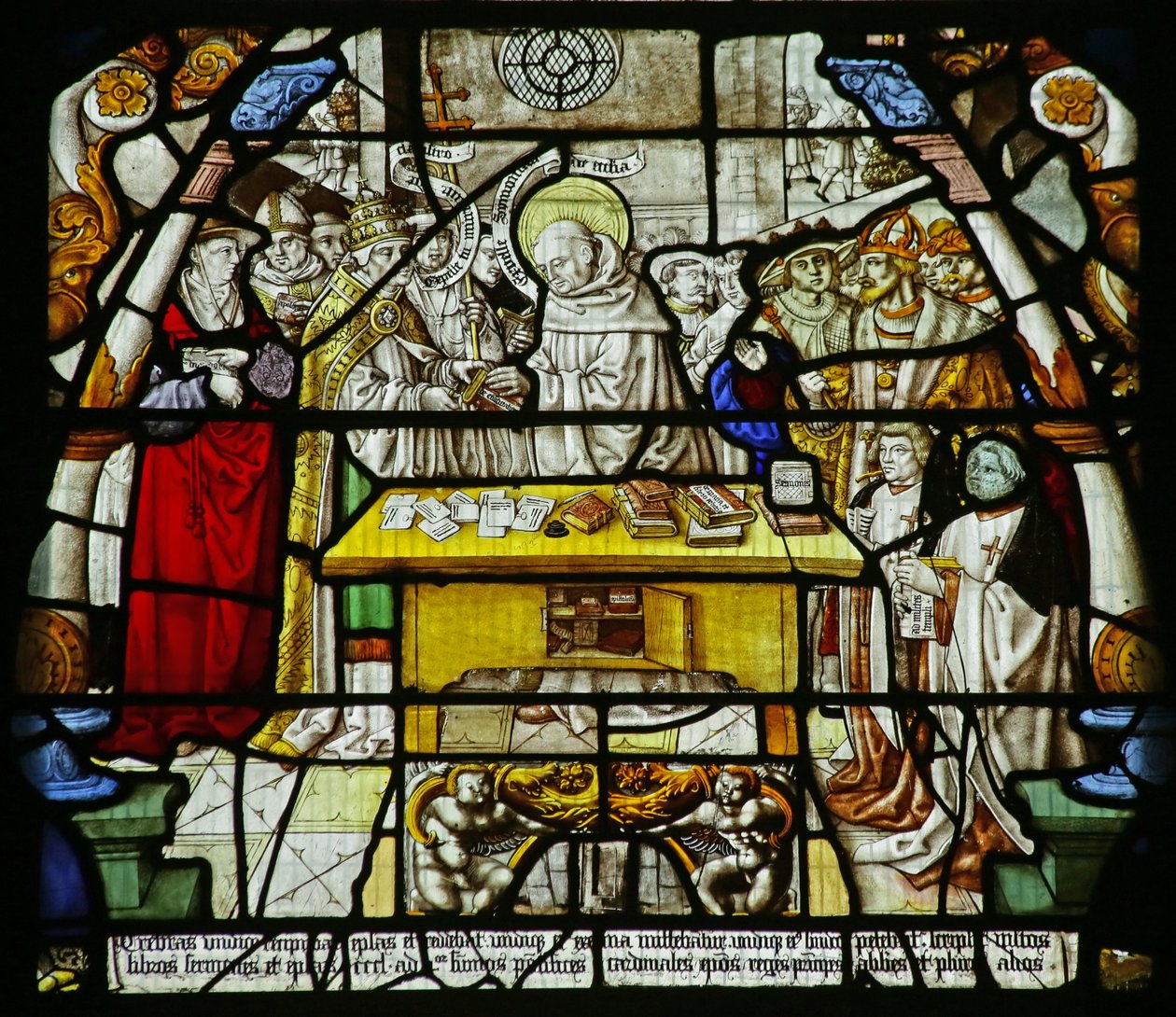 São Bernardo distribui seus escritos para os bispos, um papa e outros, c.1500 de German School
