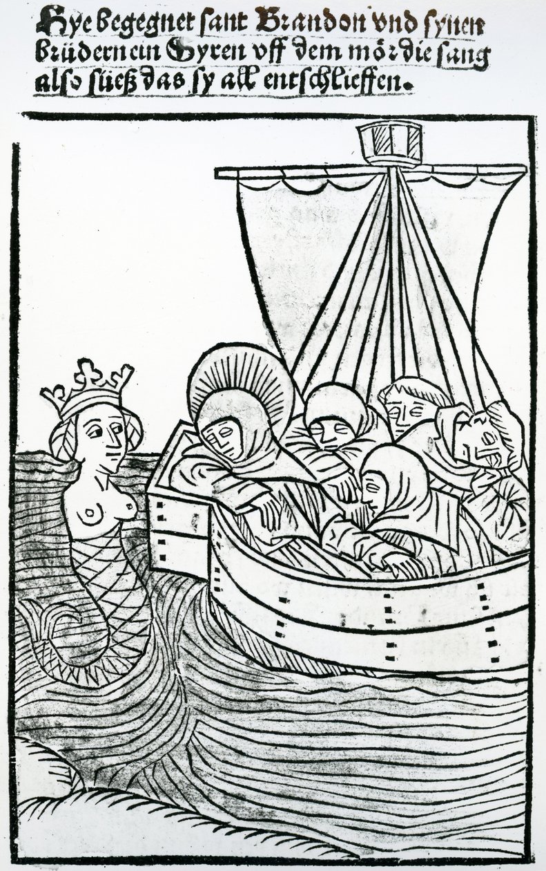 São Brendan e a sereia, ilustração de &39;a viagem de St. Brendan&39;, 1499 de German School