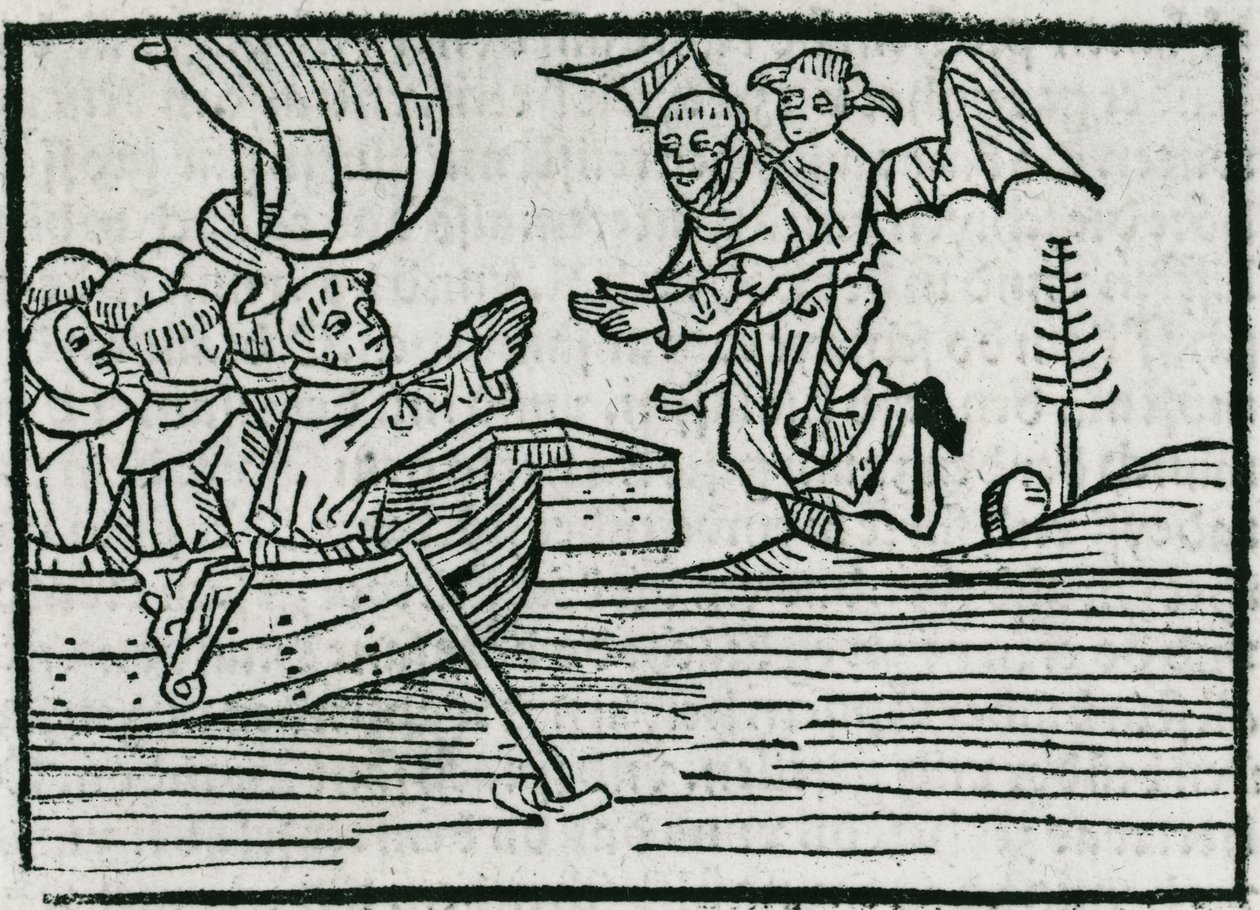 St. Brendan e o demônio, ilustração de &39;A viagem de St. Brendan&39;, 1499 de German School