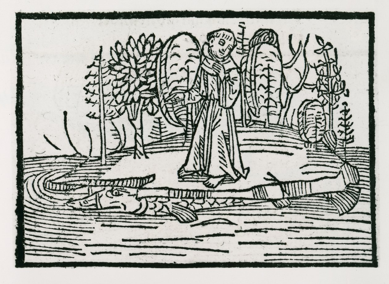 St. Brendan na ilha de peixe, ilustração de &39;The Voyage of St. Brendan&39;, 1499 de German School
