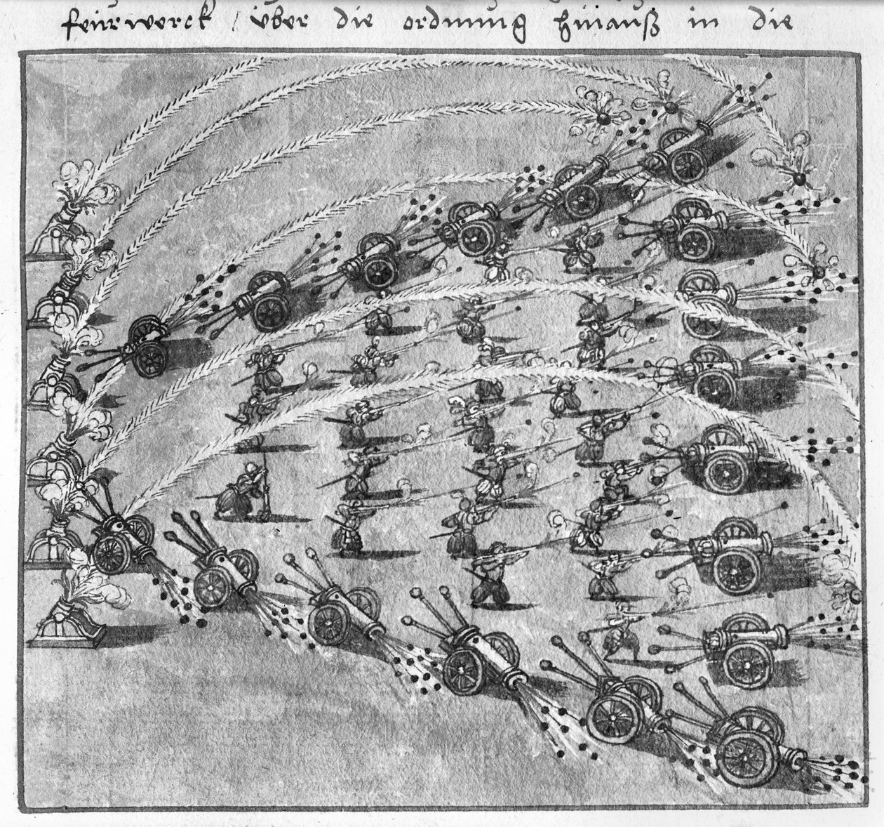 Uso tático da artilharia: Disparo curvo, ilustração de L&39;Art de l&39;Artillerie por Wolff de Senftenberg, final do século XVI (lápis e wc no papel) de German School