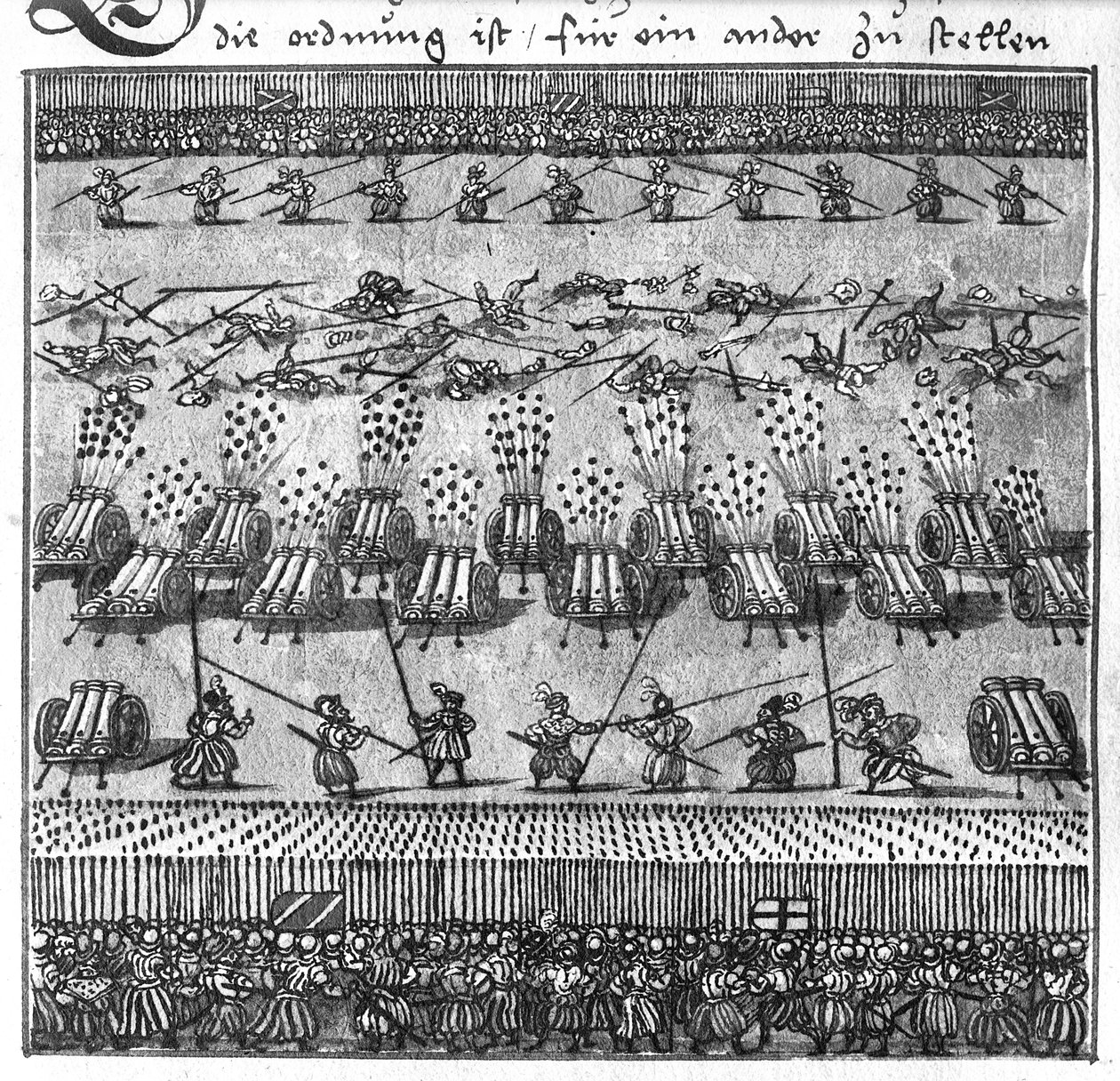 Uso tático da artilharia: fogo direto, ilustração de L&39;Art de l&39;Artillerie por Wolff de Senftenberg, final do século XVI (lápis e wc no papel) de German School