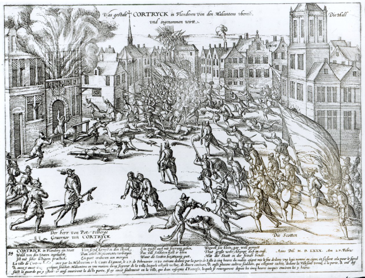 A Batalha de Courtrai entre os franceses e os flamengos, 1580 de German School