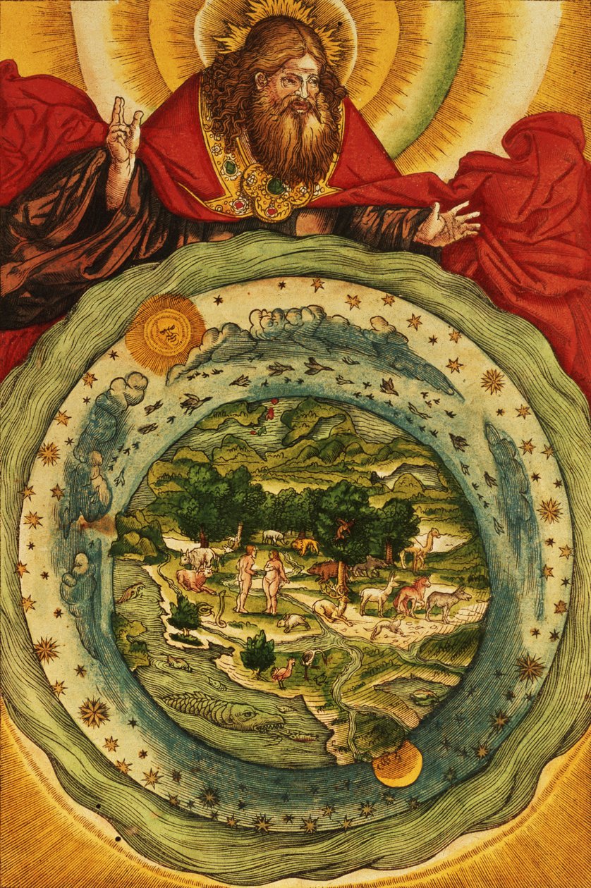 A Criação, da Bíblia de Lutero, c.1530 (xilogravura colorida) de German School