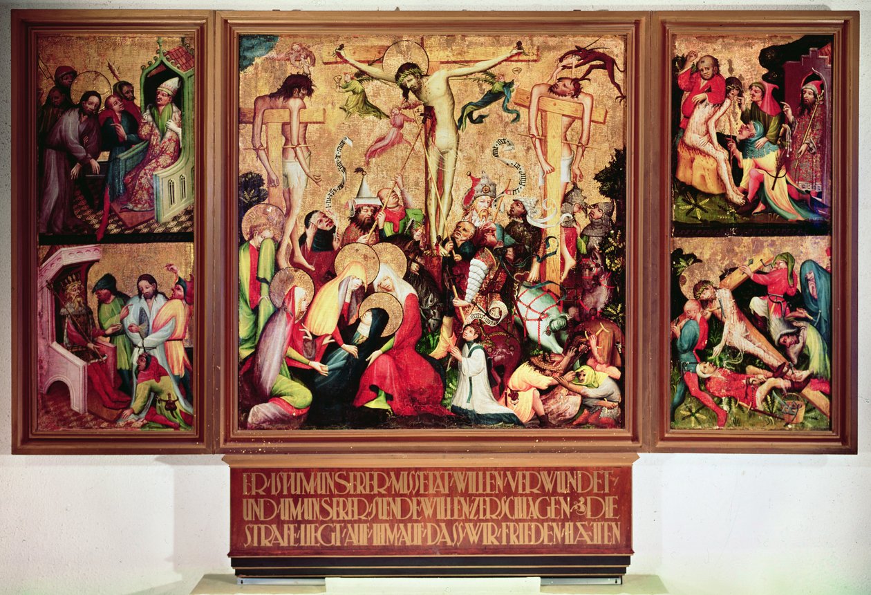A Crucificação, tríptico com painéis laterais representando cenas da Paixão (tempera no painel) de German School