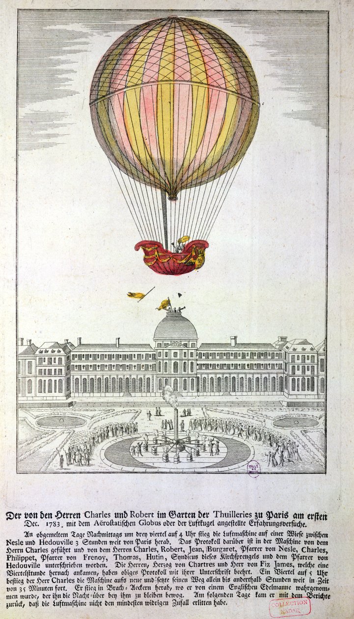 O vôo de Jacques Charles (1746-1823) e Nicholas Robert (1761-1828) do Jardin des Tuileries, 1º de dezembro de 1783 de German School