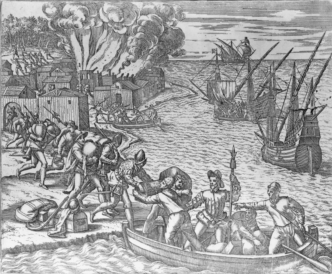 A frota francesa saqueando e incendiando a cidade de Chioreram, gravada por Theodore de Bry (1528-98) de German School