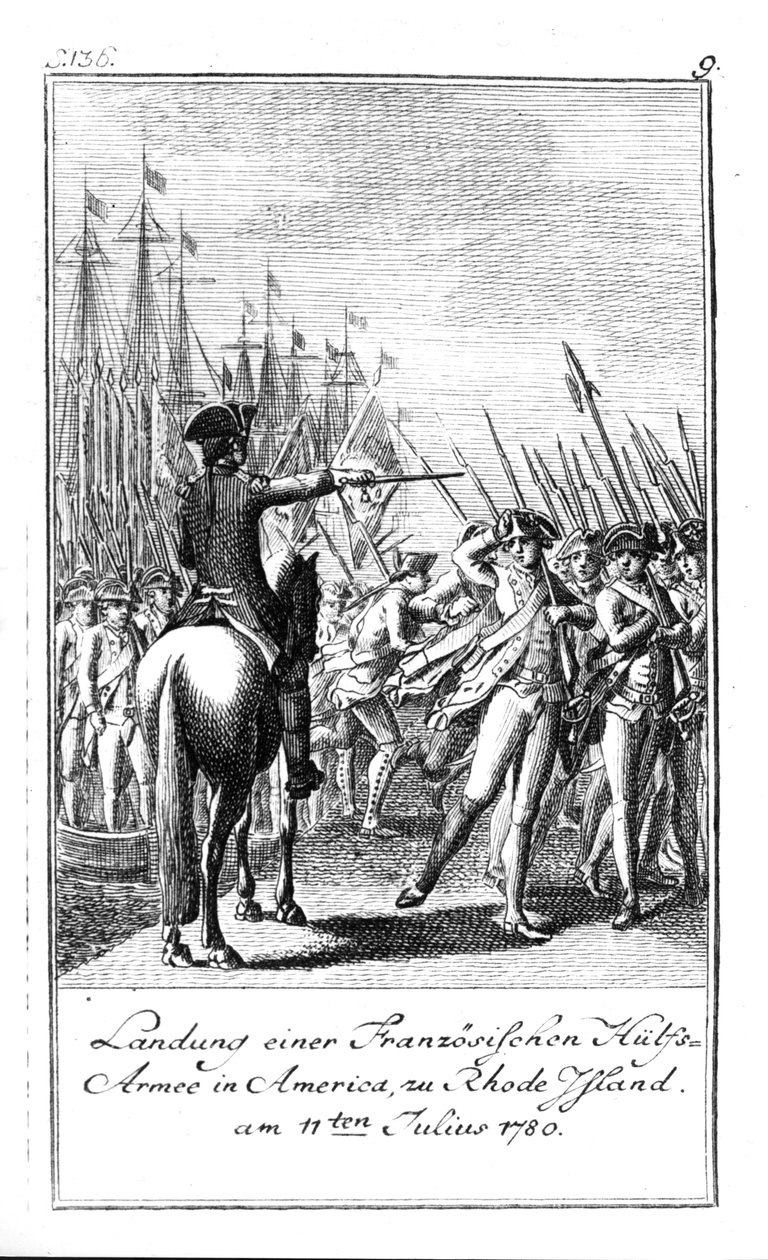 Aterrissagem de um Exército Auxiliar Francês em Rhode Island na América, 11 de julho de 1780 de German School