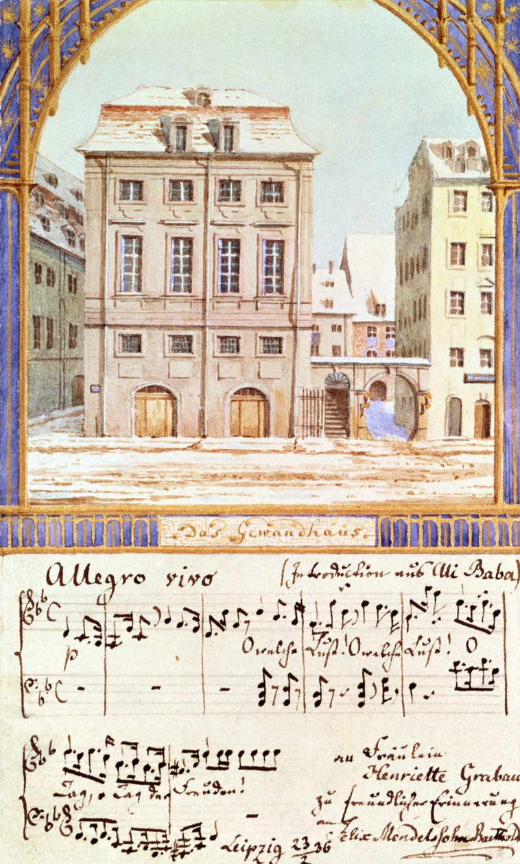 O Gewandhaus de Leipzig com uma música de Felix Mendelssohn (1809-47) de German School
