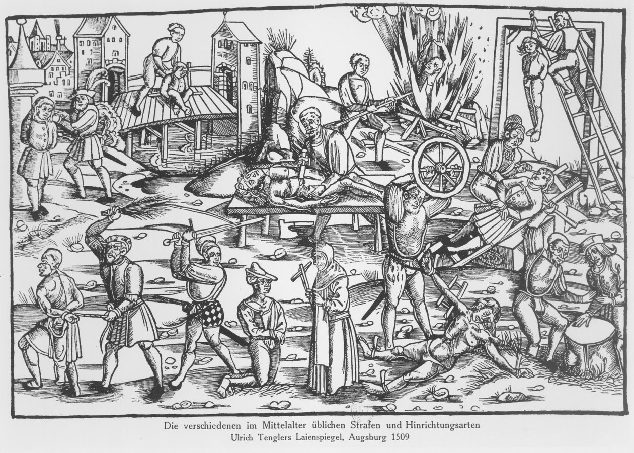 As punições usuais na Alemanha durante a Idade Média, ilustração de Laienspiegel por Ulrich Tengler, publicado Augsburg 1509 de German School
