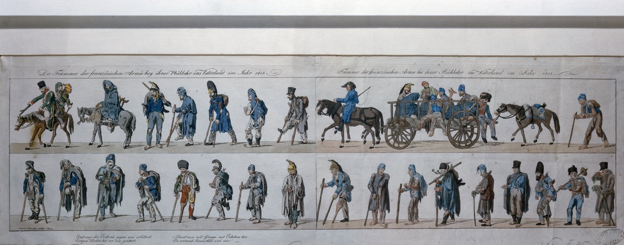 O retorno do exército francês derrotado da Rússia em 1813 (gravura colorida à mão) de German School