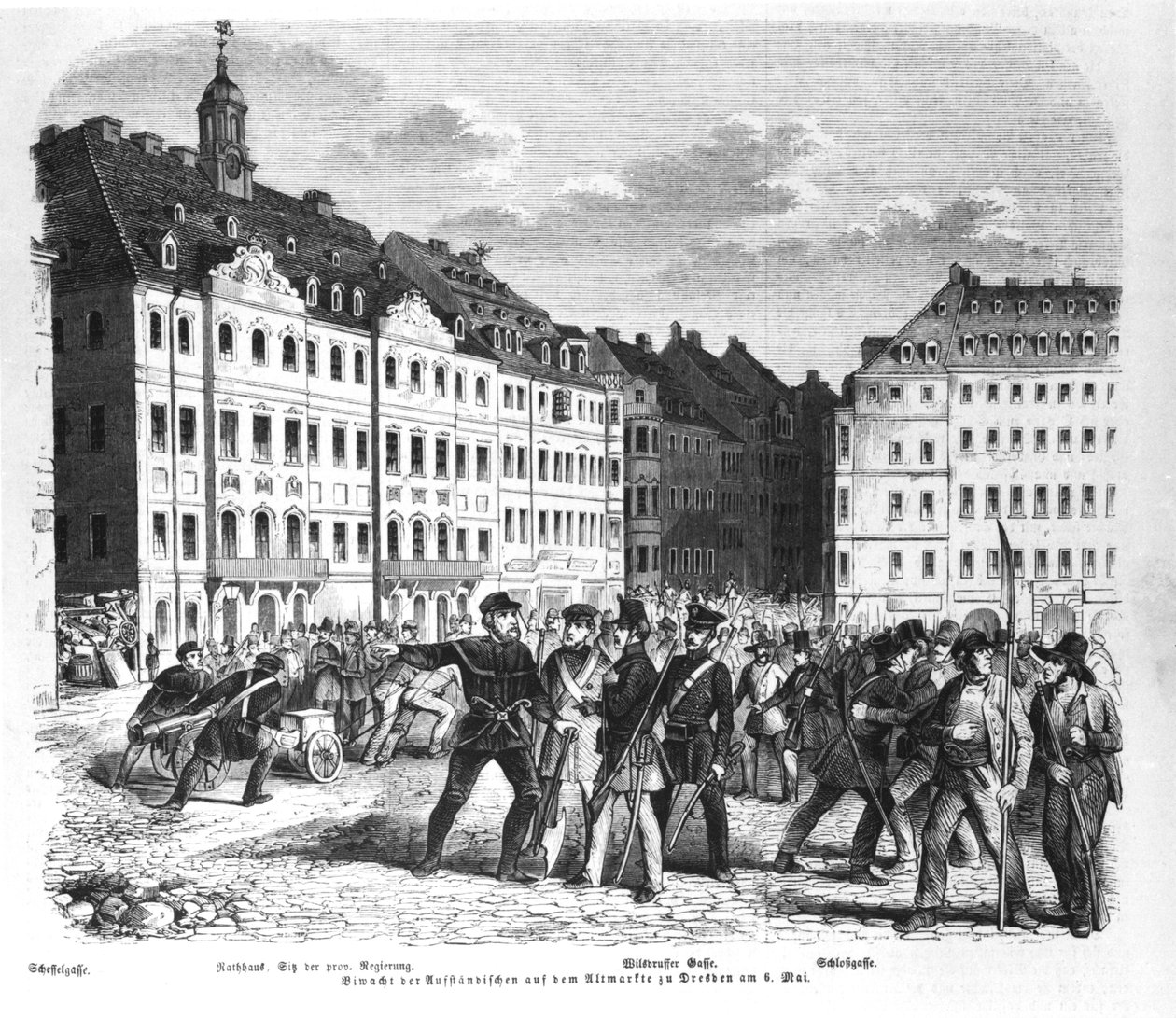 Revolta em Dresden em 6 de março de 1848, ilustração do &39;Illustrierte Zeitung&39; de German School