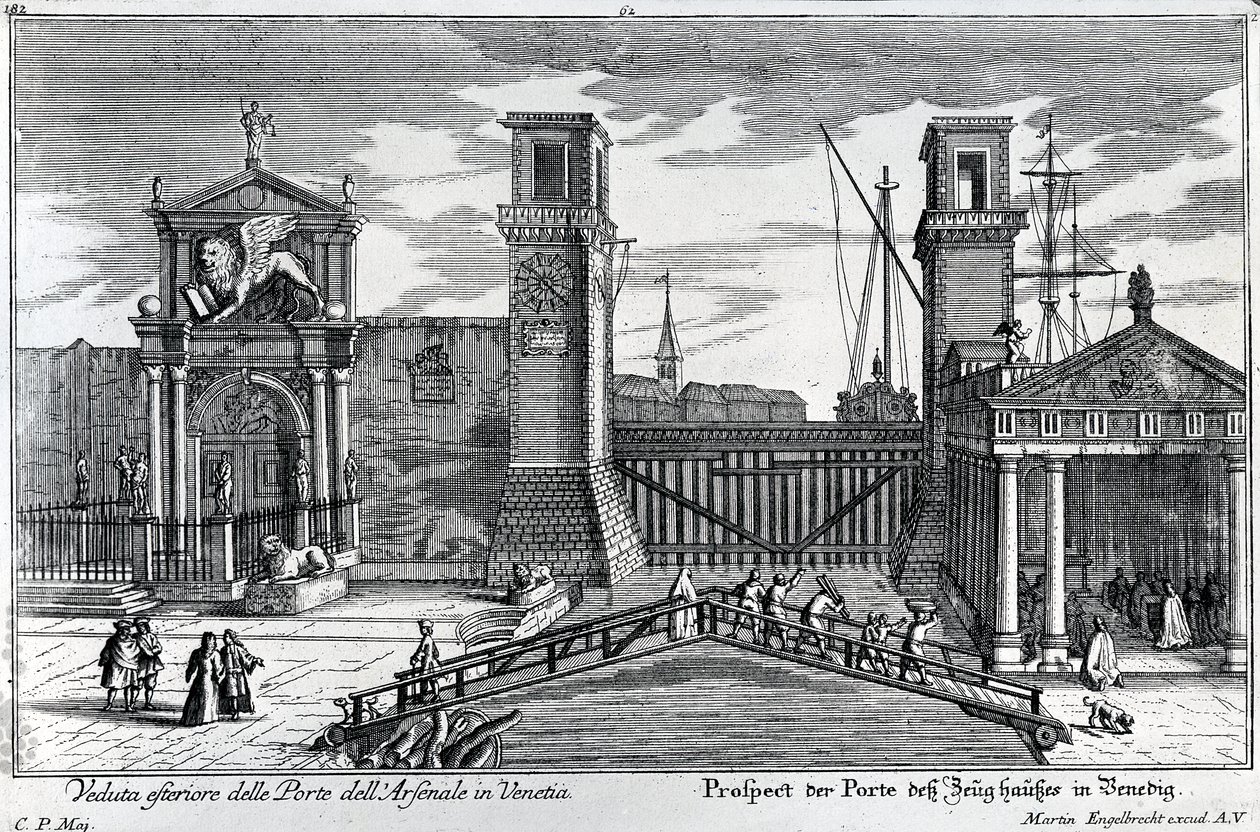 Vista dos portões na entrada do Arsenal de Veneza, publicado por Martin Engelbrecht, c.1740s de German School