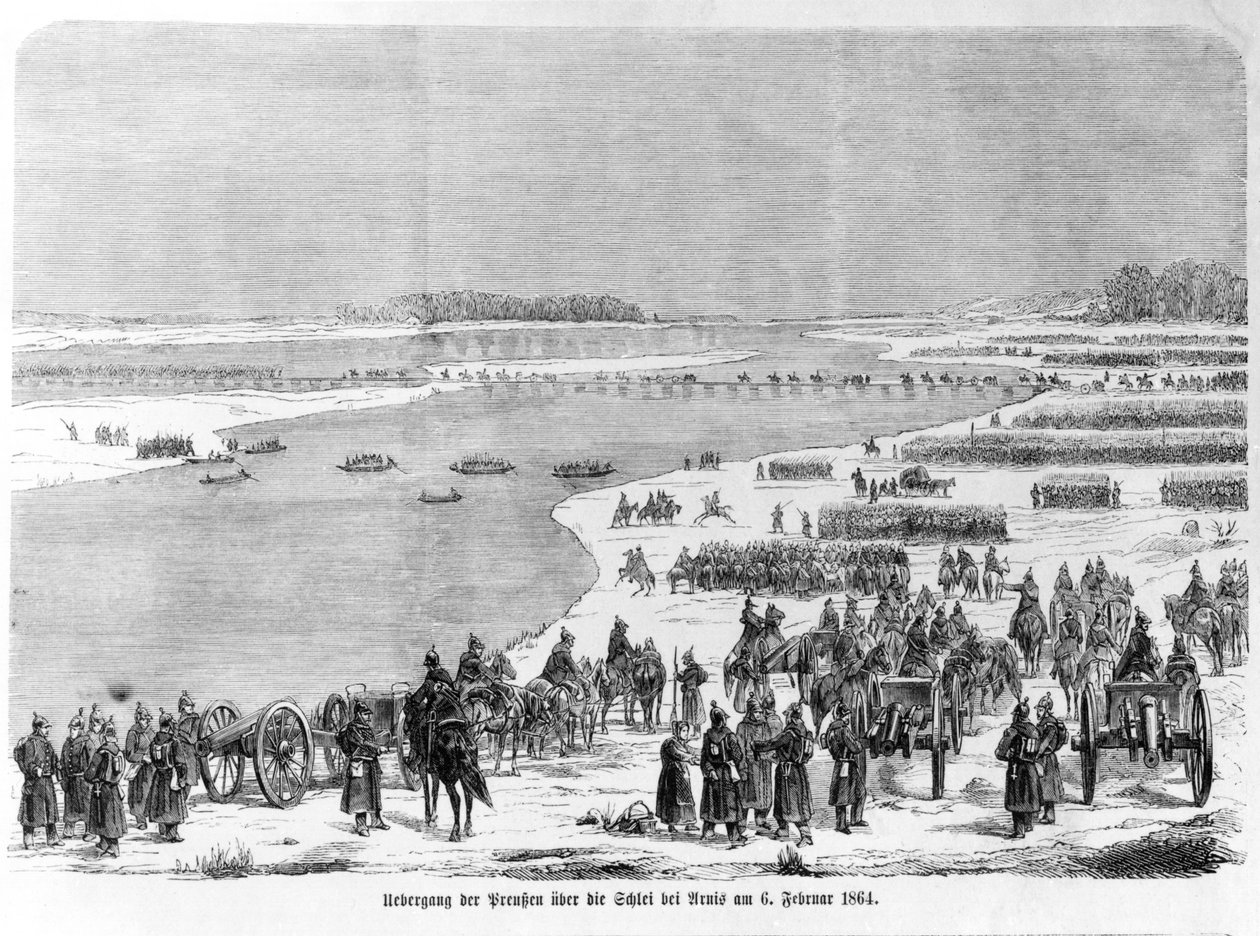 Guerra dos ducados, o exército prussiano cruzando o Shlei em Arnis, ilustração de &39;Relatórios de guerra ilustrados de Schleswig-Holstein&39;, 1864 de German School