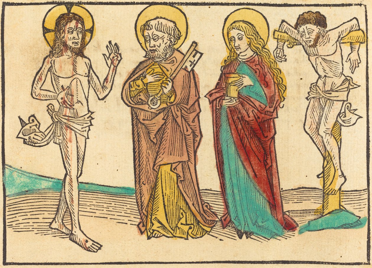 Cristo mostrando suas feridas a Pedro, a Madalena e o bom ladrão de German 15th Century