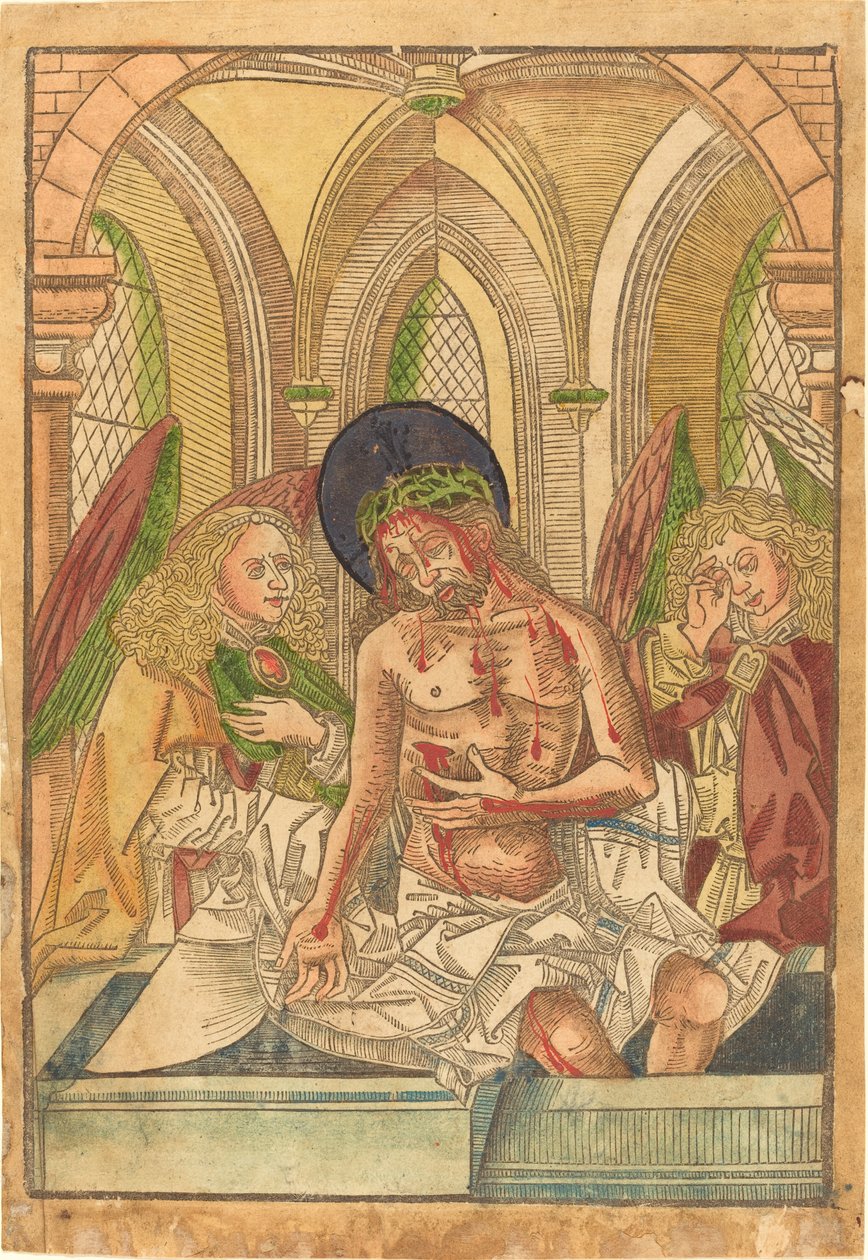Cristo no túmulo com dois anjos de German 15th Century