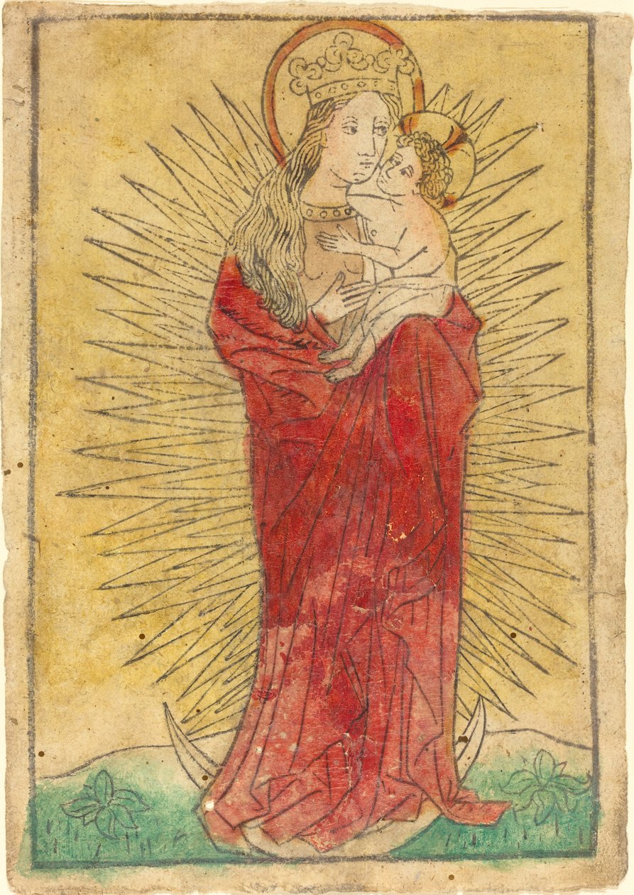 Madonna e criança em uma glória de pé em uma lua crescente de German 15th Century
