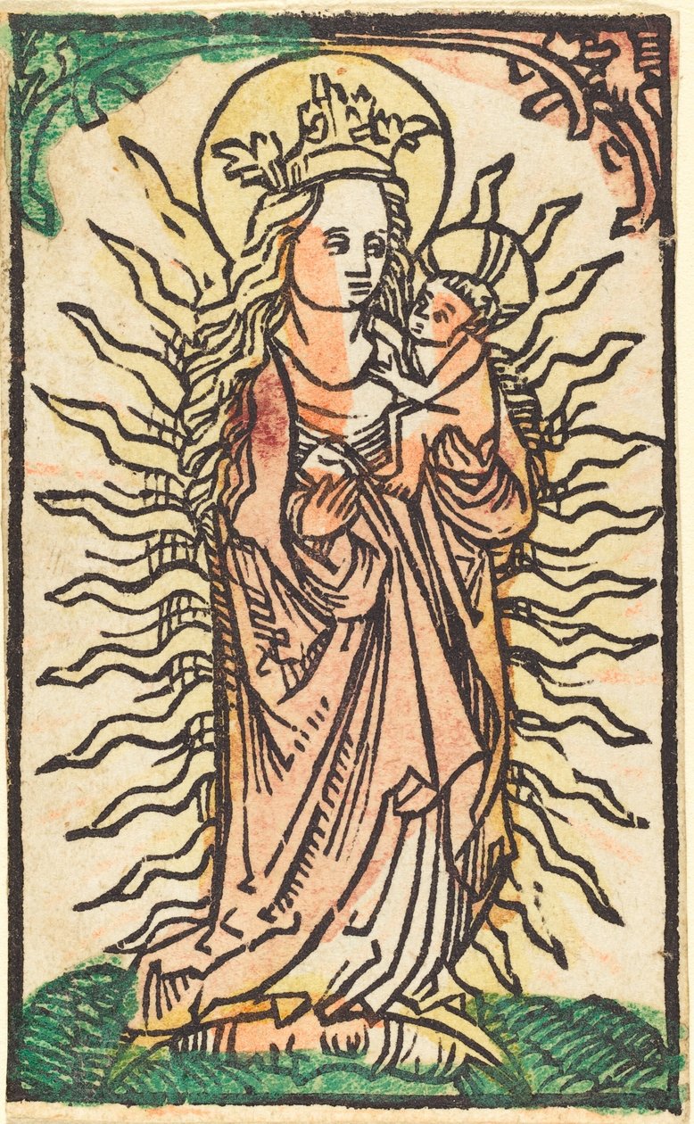 Madonna e criança em uma glória de pé em uma lua crescente de German 15th Century