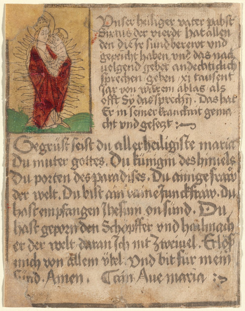 Madonna e criança em uma glória com uma indulgência e uma oração de German 15th Century
