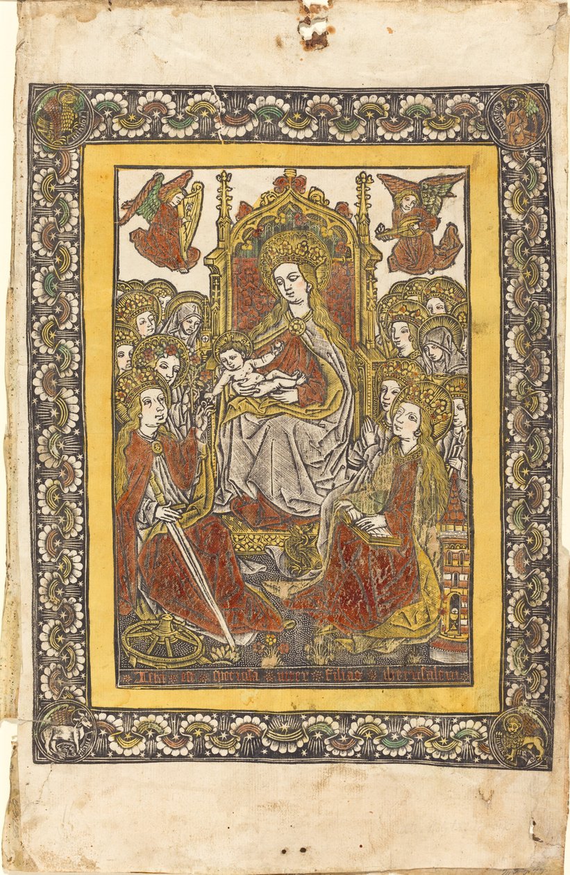 A Madonna entronizada com dezoito mulheres santas de German 15th Century or Master with the Mountain Like Clouds