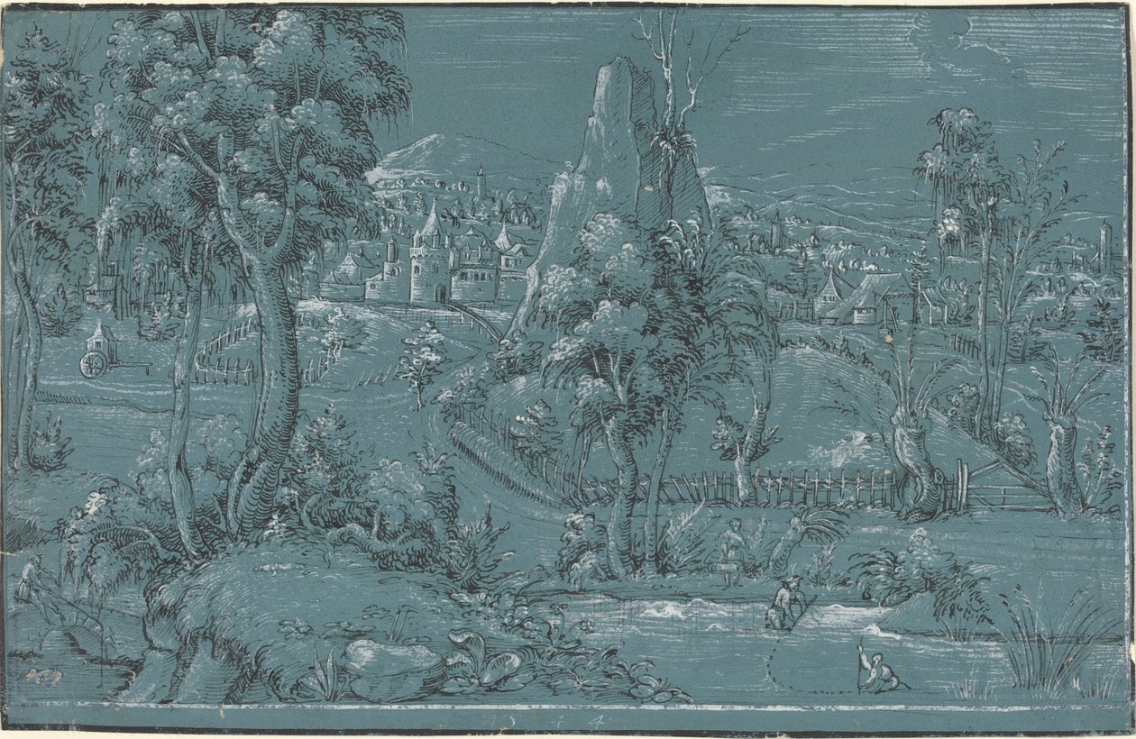 Paisagem com homens pescando de German 16th Century