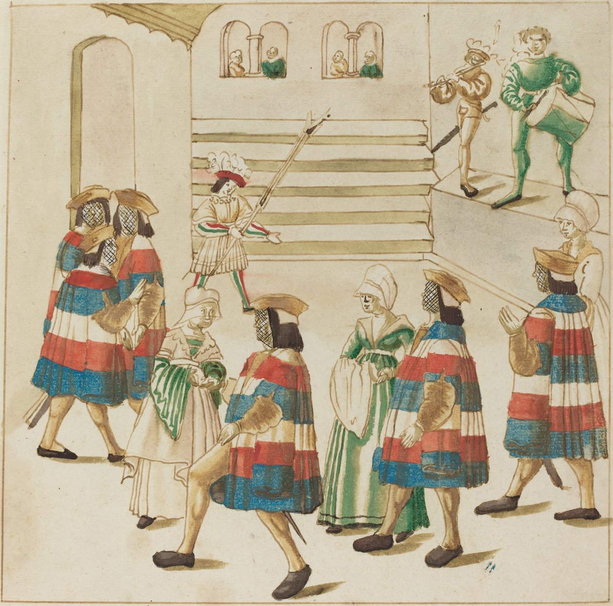 Homens de vermelho, branco e azul dançando com seus parceiros de German 16th Century