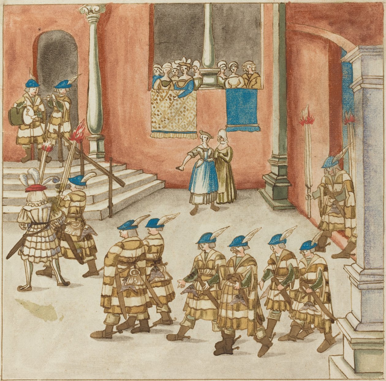 Procissão de cavaleiros vista por senhoras em uma varanda de German 16th Century