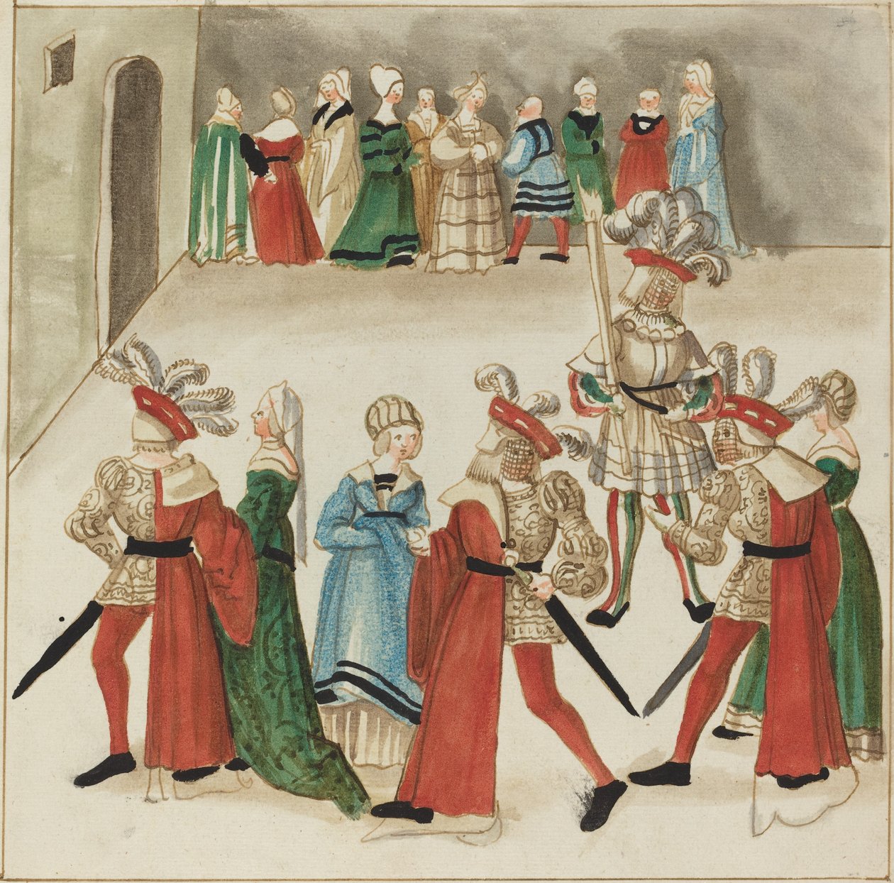 Três homens de capas vermelhas dançando com seus parceiros de German 16th Century