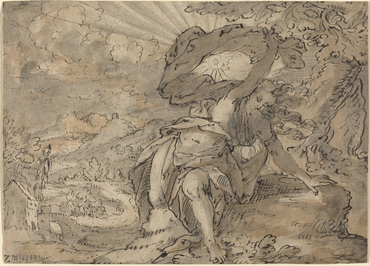 Figura feminina alegórica em paisagem [reto] de German 17th Century