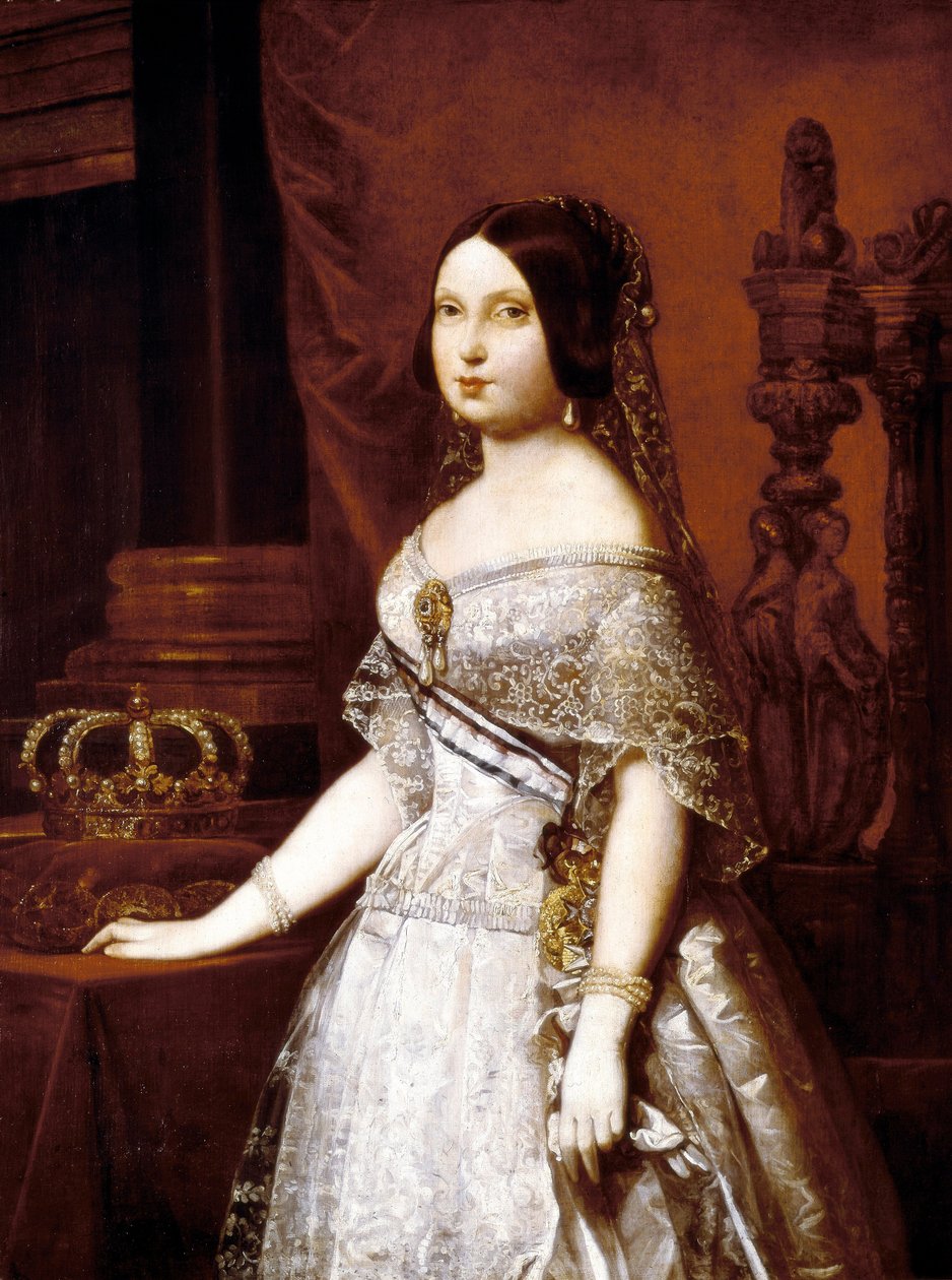 Retrato da Rainha de Espanha, Isabel II de Espanha (1830-1904), Rainha de Espanha. Pintura por Hernandez Amores alemão (1823-1894) de German Hernandez Amores