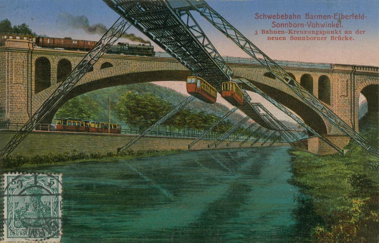 Caminho de ferro suspenso Barmen-Elberfeld-Sonnborn-Vohwinkel e a nova ponte de Sonnborn, Alemanha. Postal enviado em 1913. de German Photographer