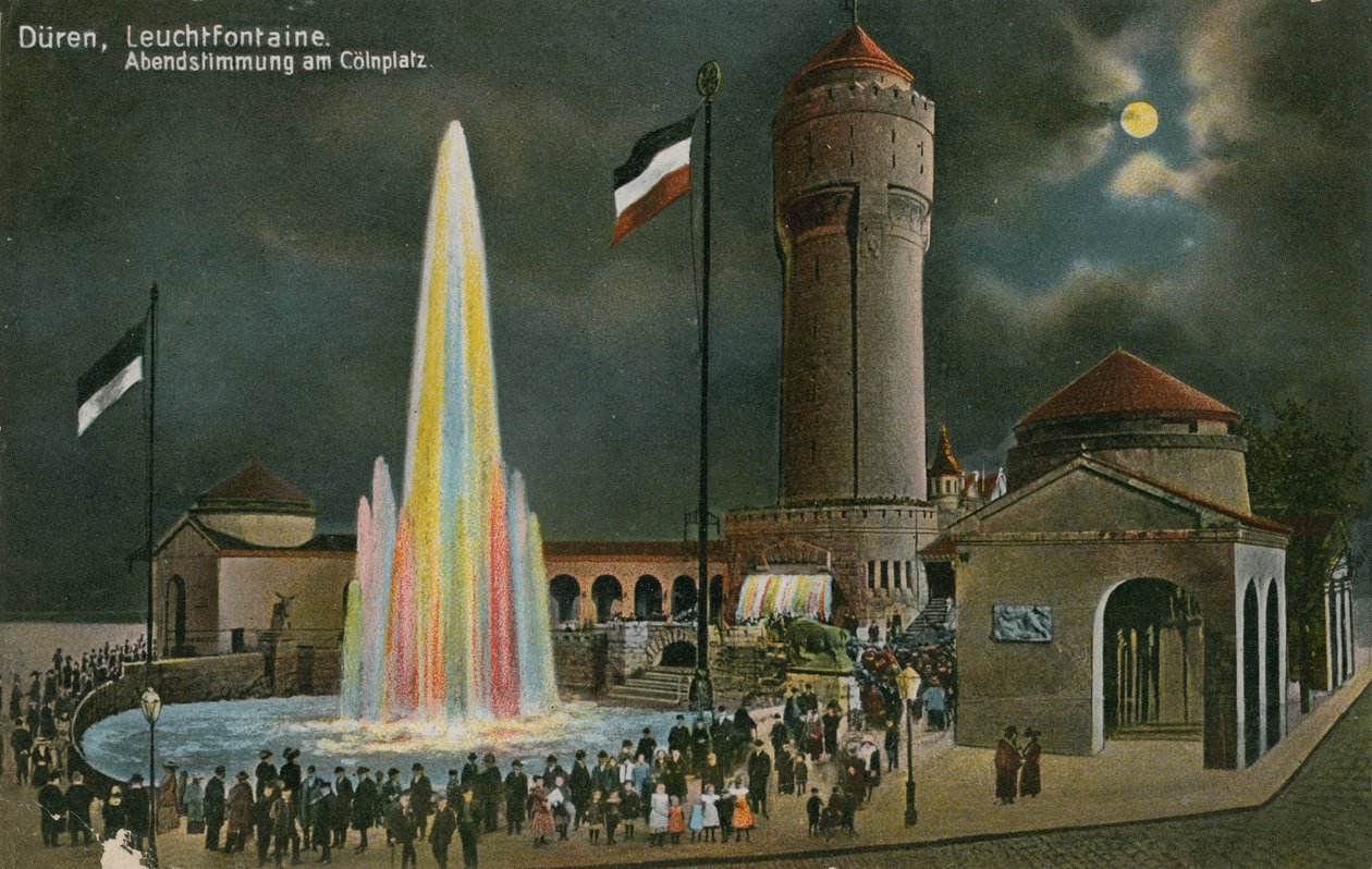Duren, Leuchtfontaine, ambiente noturno na Colnplatz. Postal enviado em 20 de março de 1913. de German Photographer
