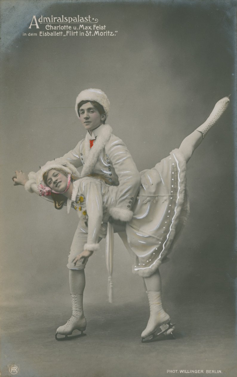 Postal de patinadores no gelo, enviado em 1913 (fotografia colorida à mão) de German Photographer