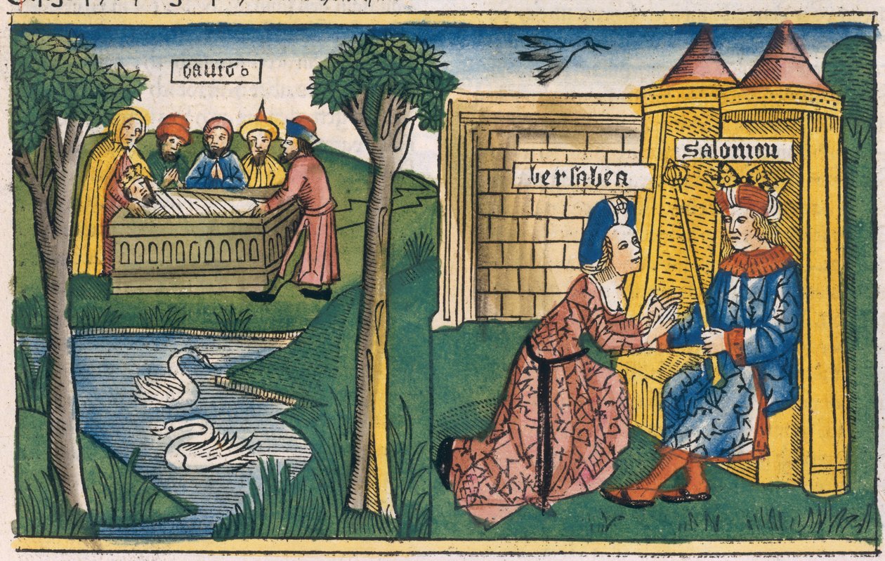 1 Reis 2 10-11 A Morte de Davi e 2 Reis 19-25 Bate-Seba pede a Salomão para Abishag se casar com Adonias, da Bíblia de Nuremberg (Biblia Sacra Germanaica) (xilogravura colorida) de German School
