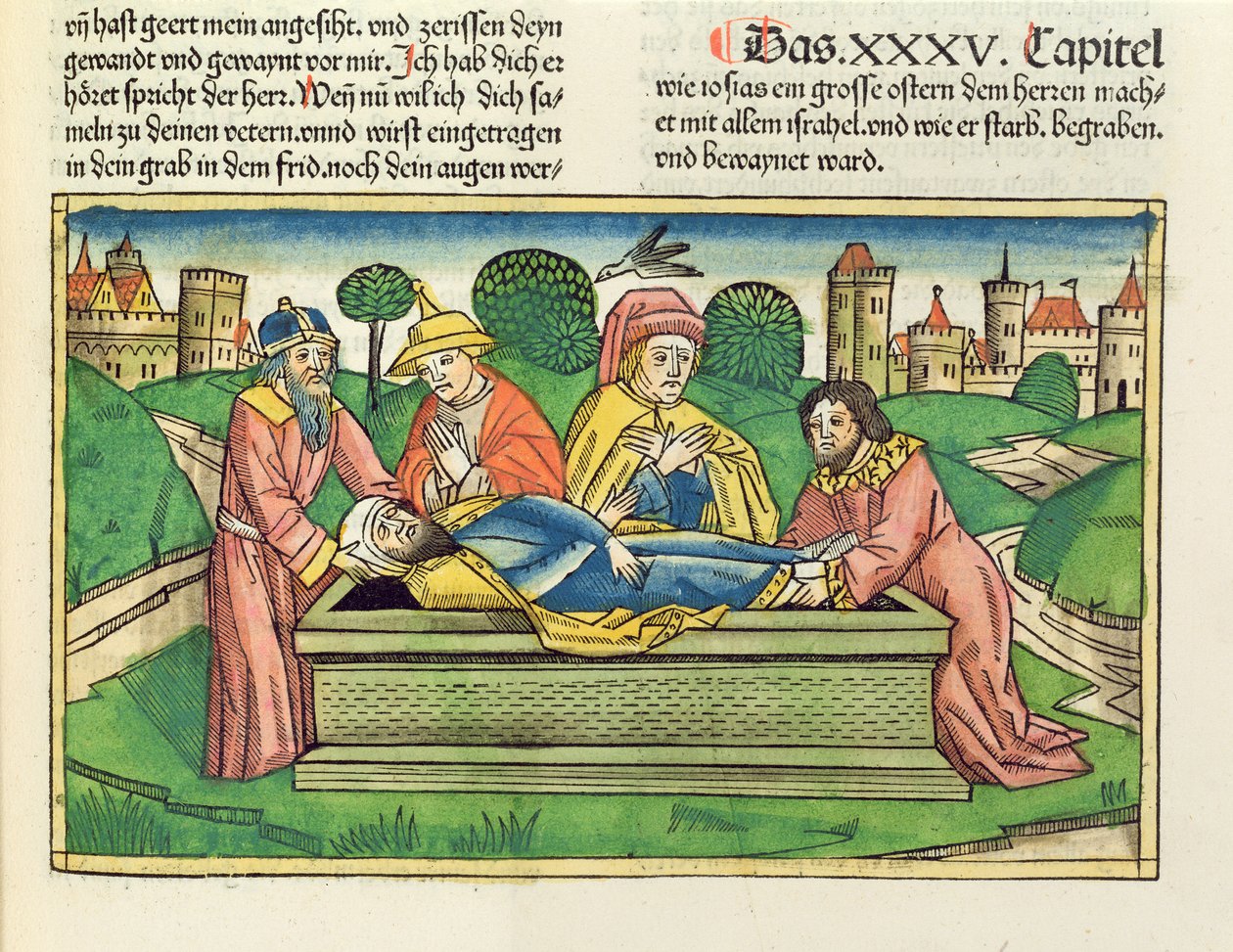 2 Crônicas 35 24 Enterro de Josias, da Bíblia de Nuremberg (Biblia Sacra Germanaica) (xilogravura colorida) de German School