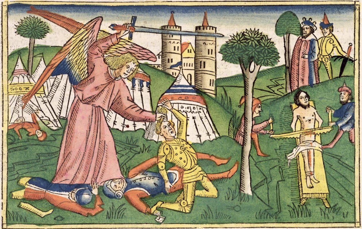 2 Reis 19 35-37 A vingança de Deus na Assíria, da "Bíblia de Nuremberga (Biblia Sacra Germanaica)" (xilogravura colorida) de German School