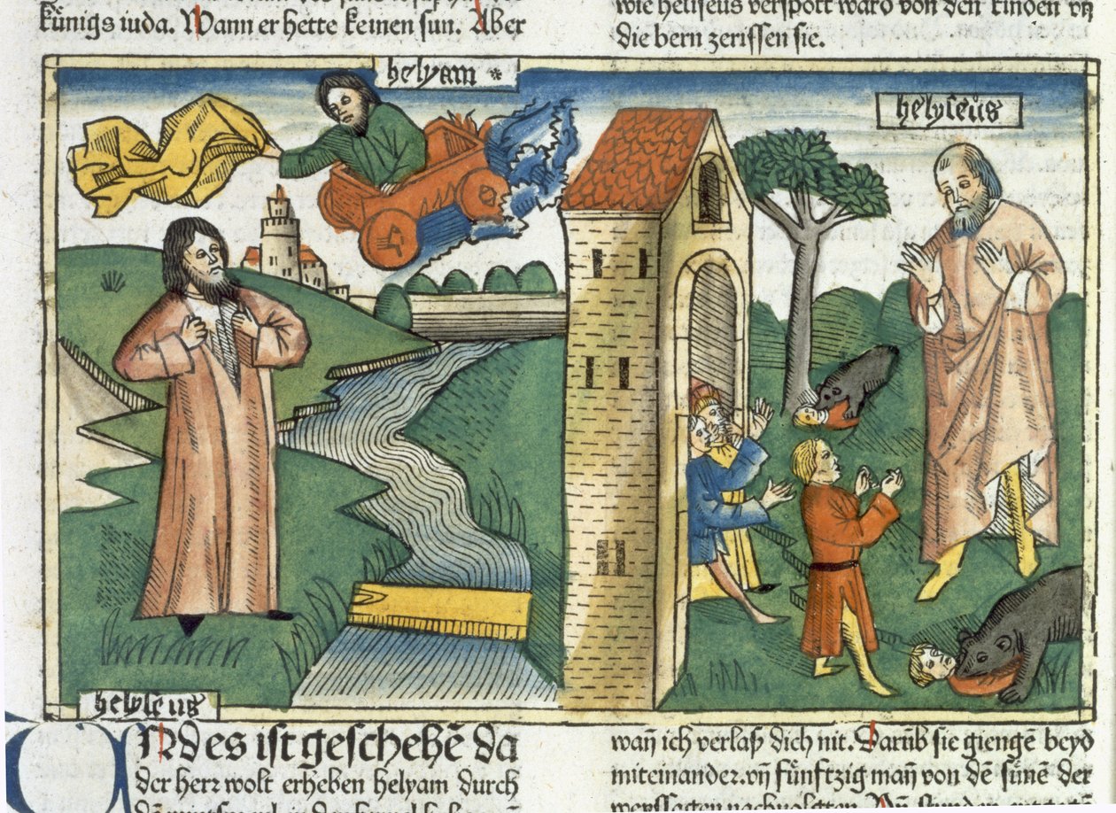 2 Reis 2 1-24 Elias sobe ao céu em um redemoinho e os meninos que zombam de Eliseu são comidos pelos ursos, da Bíblia de Nuremberg (Biblia Sacra Germanaica) (xilogravura colorida) de German School