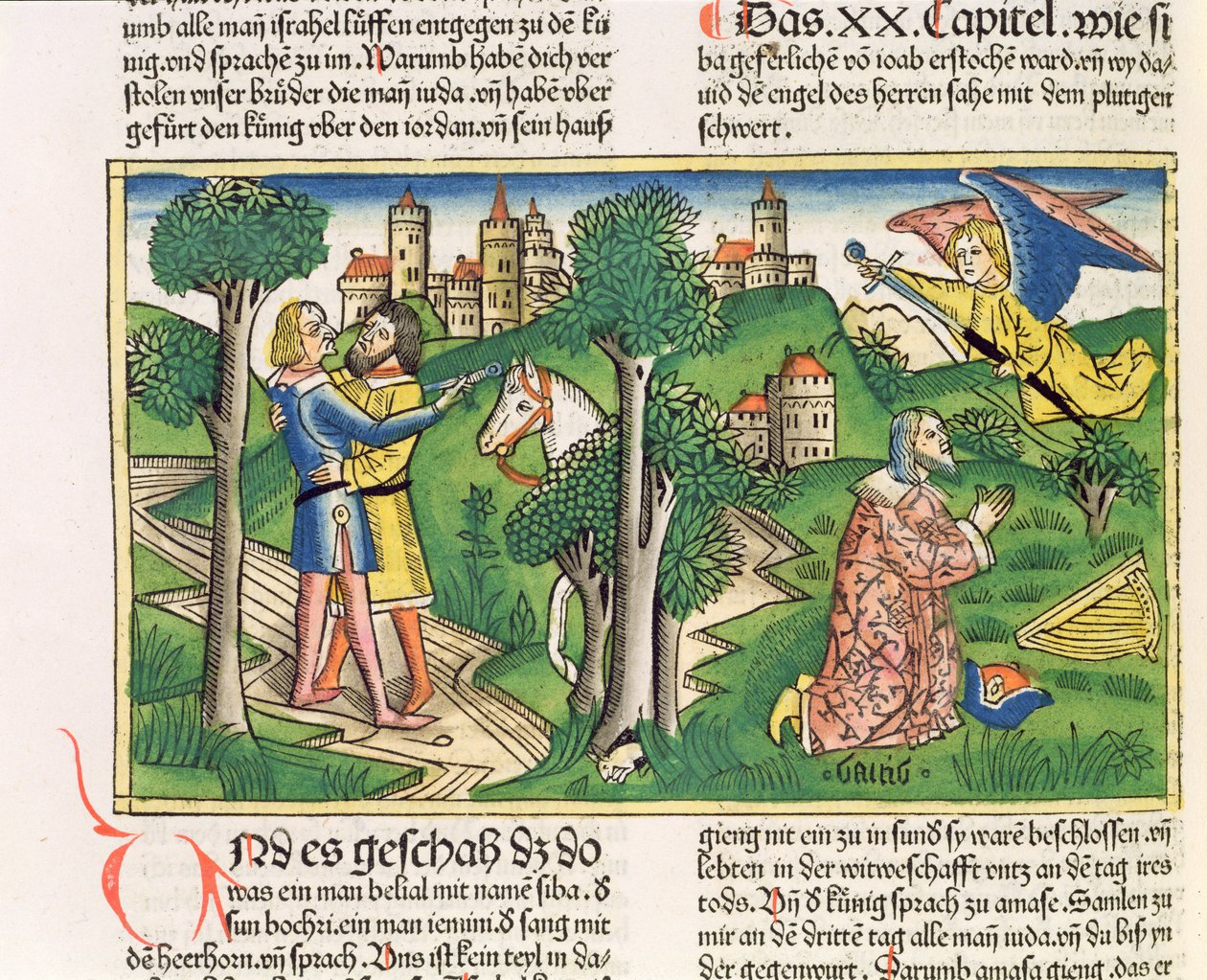 2 Samuel 20 10 Joab mata Amasa, da "Bíblia de Nuremberga (Biblia Sacra Germanaica)" (xilogravura colorida) de German School