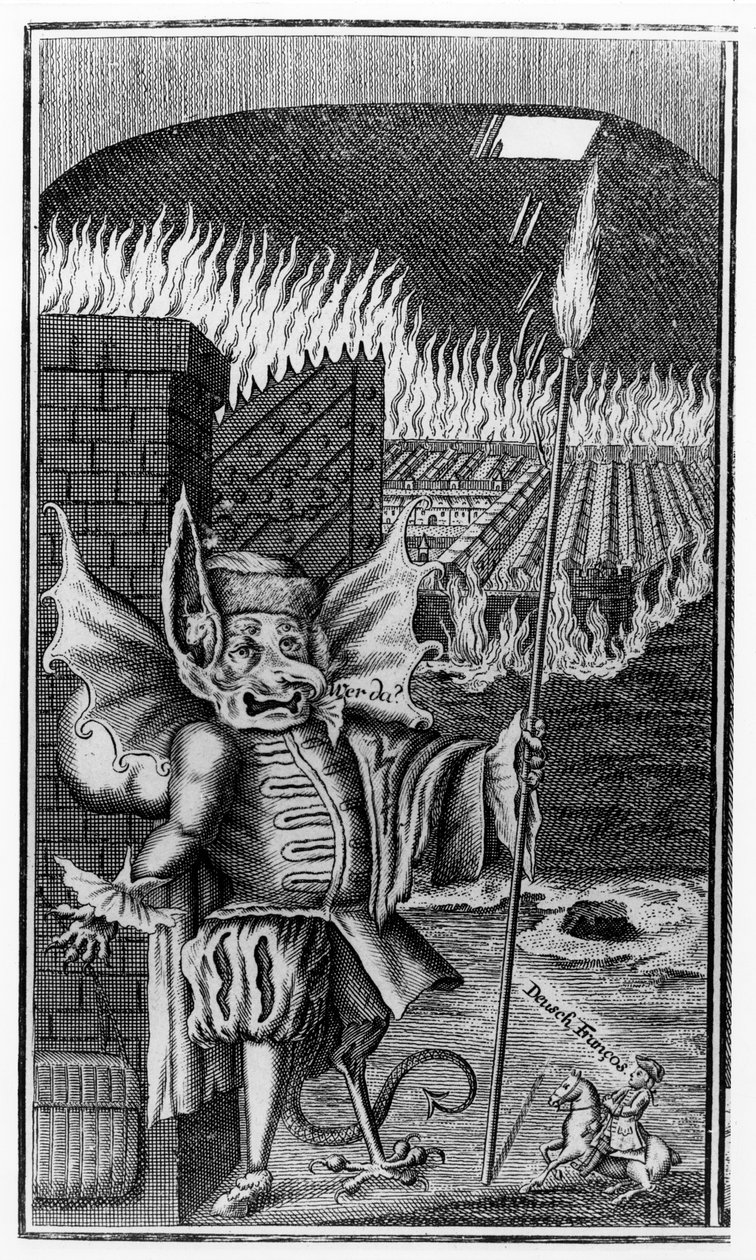 Um diabo guardando uma cidade em chamas, c. 1755 de German School