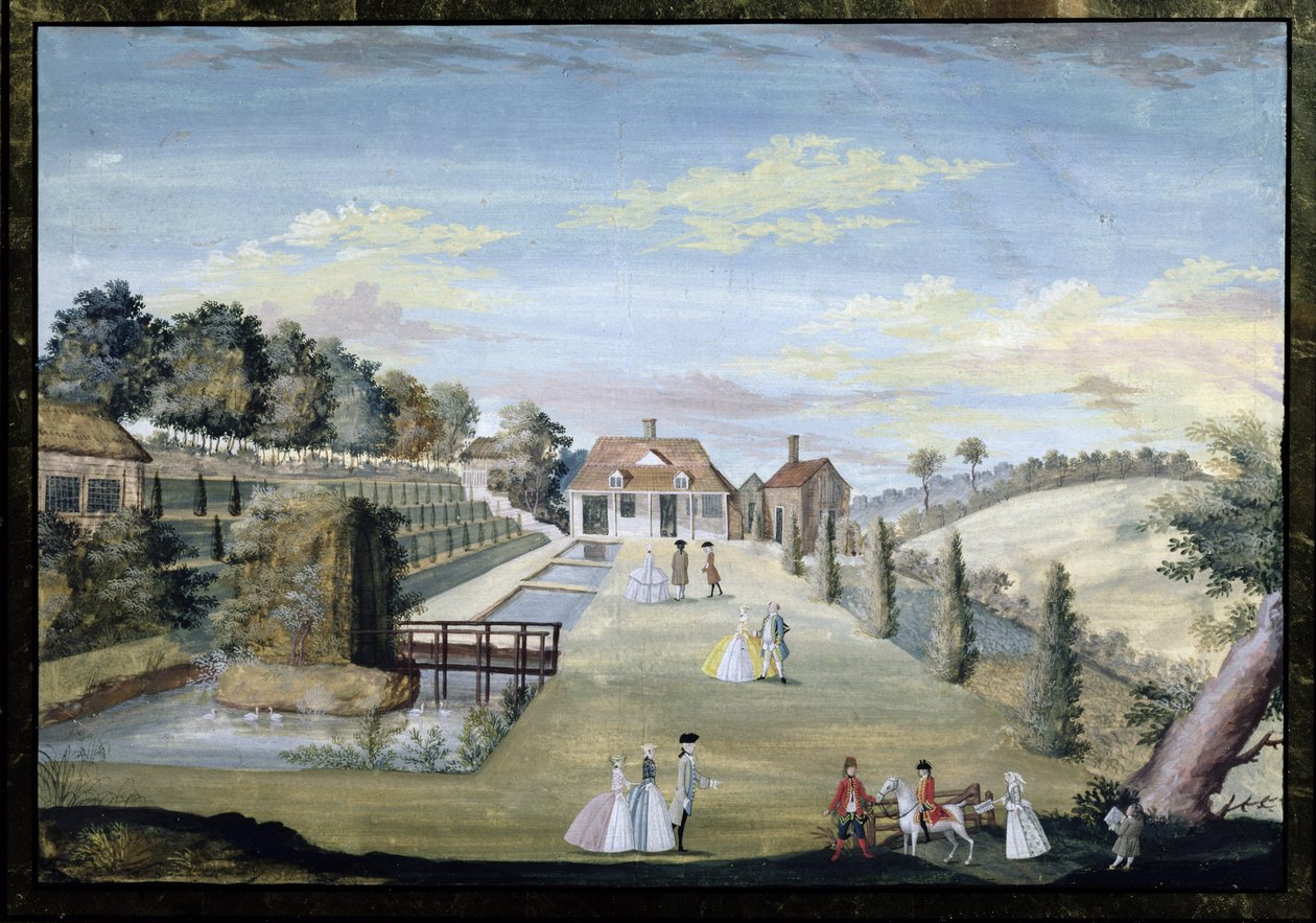 Um jardim de água formal com terraços, parterres de água e figuras de desfile, c.1730 de German School