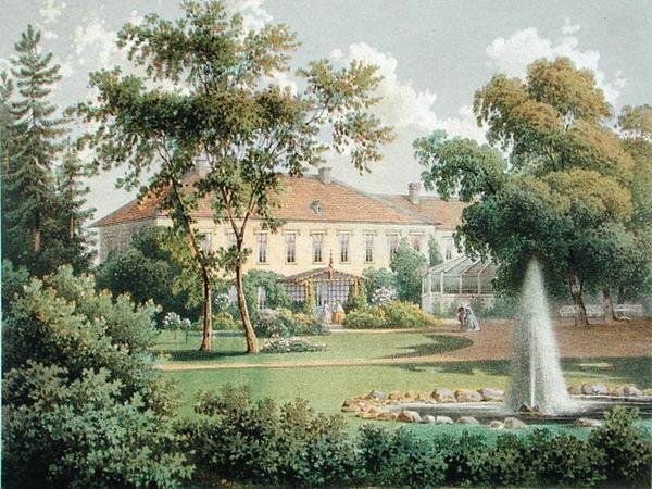 Um jardim alemão, de "Die Landlichen Wohnsitze, Schlosser und Residenzen de Ritterschaftlichen Grundbesitzer in der Preussichen Monarchie", publicado c.1852-63 (cor litho) de German School