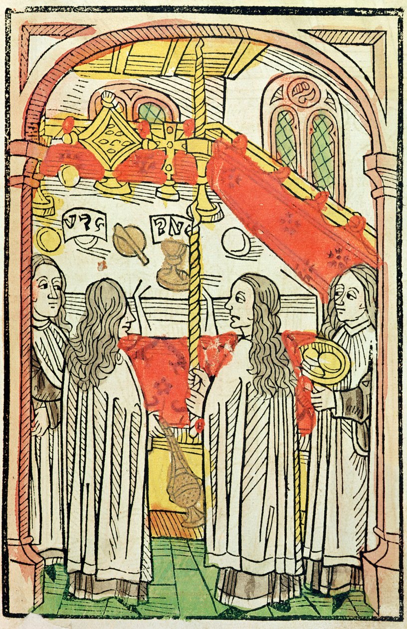 Uma missa ortodoxa grega no Concílio de Constança em 1415, ilustração da Crônica do Conselho de Constança por Ulrich Richental (1378-1437) 1483 (xilogravura colorida) de German School