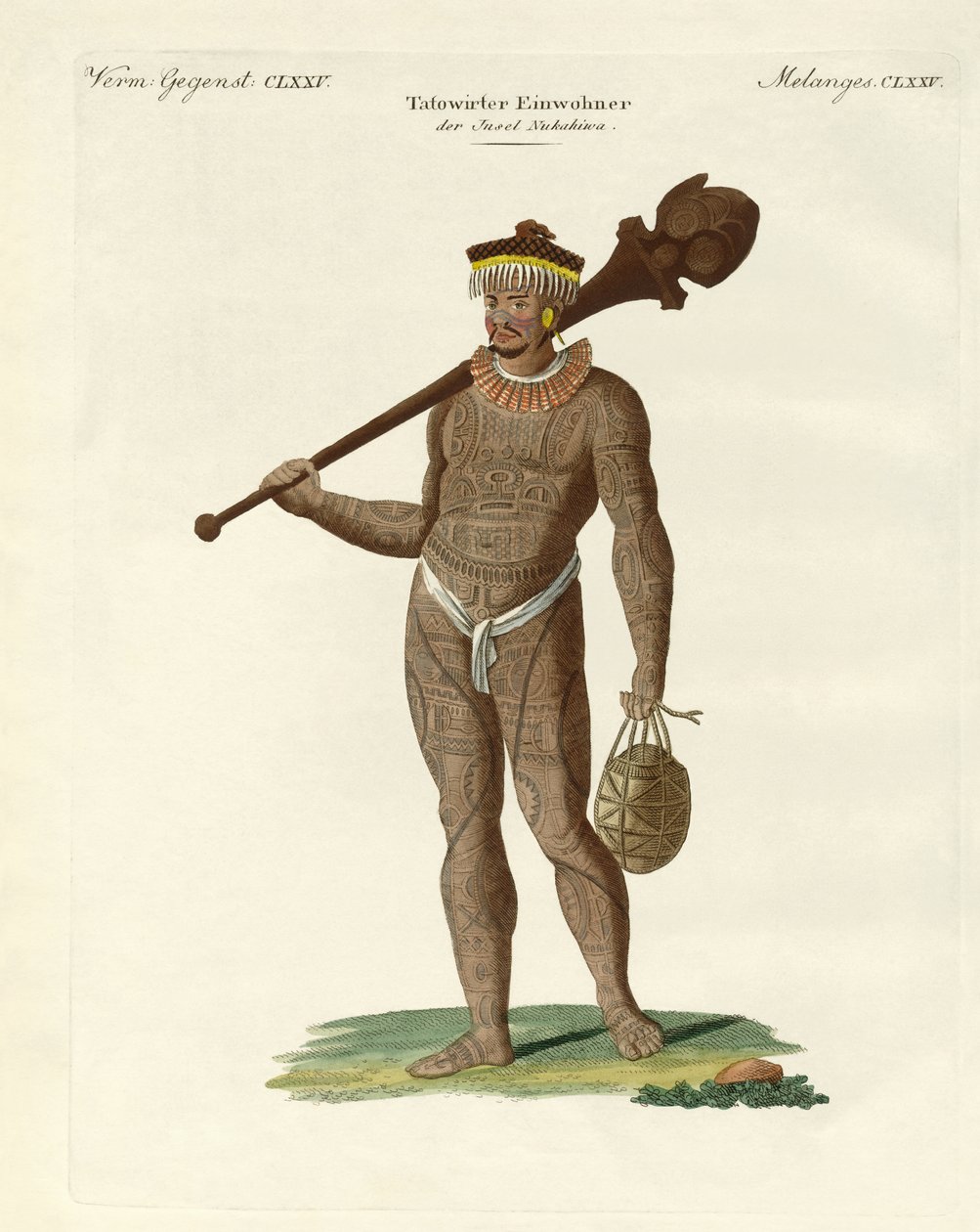 Um Nukahiwans com morcego e calabashes (gravura colorida) de German School