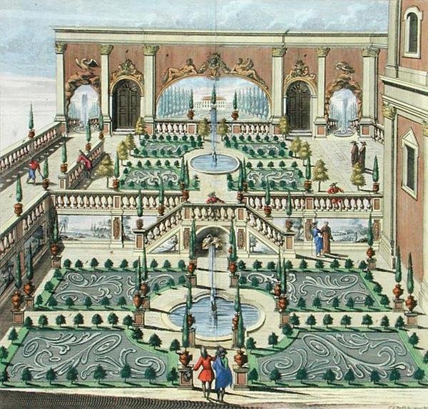 Um Jardim do Príncipe, final do século XVII ou início do século XVIII (gravura colorida) de German School